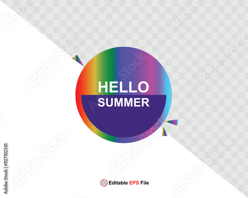 Hello summer button, sun and sale. Vector minimalistic illustration of sun rays, swimming pool with sun lounger and umbrella and tropical palm leaf, orange and sea beach with sand for background