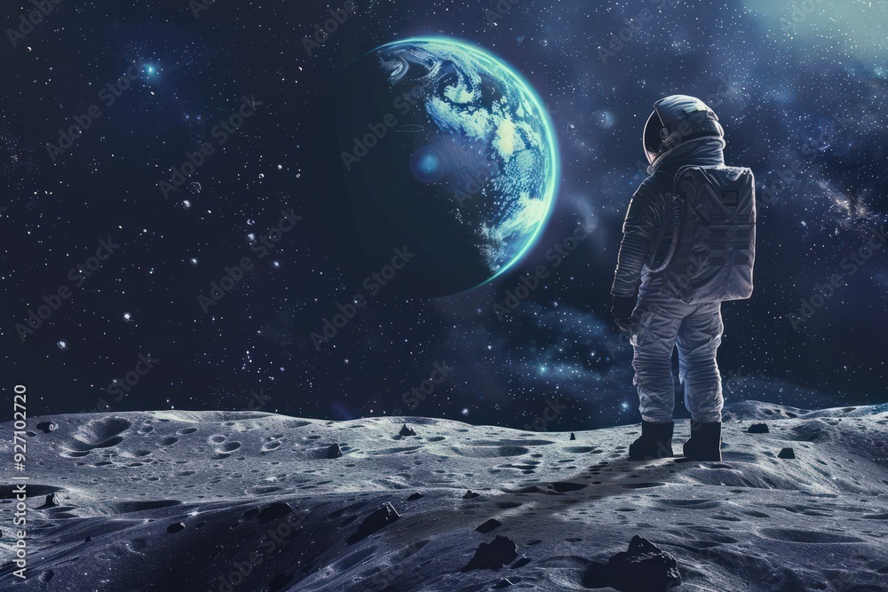 An astronaut stands on the surface of the moon, looking up at a planet Earth in the distance. The sky is filled with stars. An astronaut stands on the surface of the moon, looking up at a planet Earth in the distance. The sky is filled with stars.