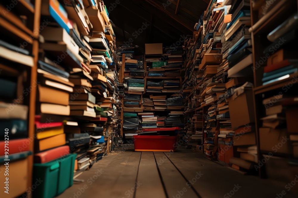 A cozy attic filled with piles of old books, creating a nostalgic and vintage atmosphere perfect for book lovers and readers.