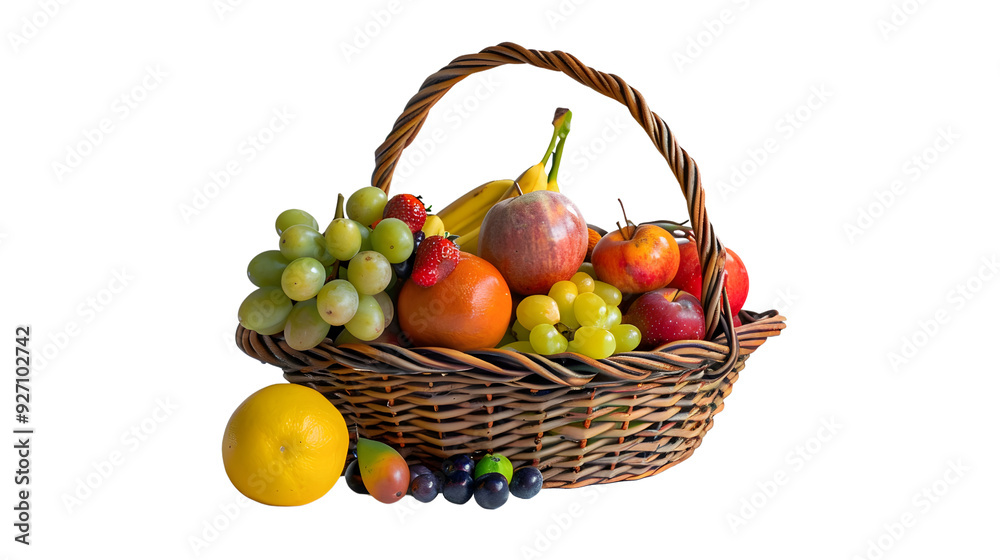 A wicker basket filled with fresh fruits is isolated against a white background.