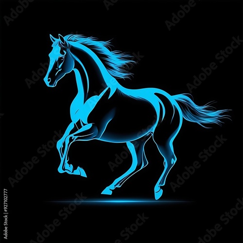 Black horse galloping with dramatic blue glow against a dark background, ideal for equestrian, fantasy, or mysteriousthemed projects.
 photo