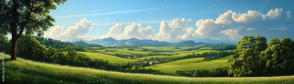 Obraz premium A serene panoramic view of rolling green hills under a blue sky with fluffy clouds, showcasing nature's beauty on a sunny day.