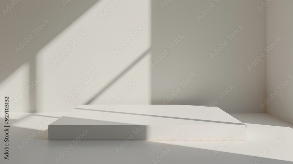 A white platform sits in a minimalist room with soft, natural light coming in from a window. The light casts long, thin shadows on the platform and the floor. A white platform sits in a minimalist room with soft, natural light coming in from a window. The light casts long, thin shadows on the platform and the floor.