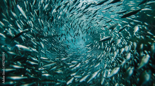 A school of small silver fish moving in perfect harmony, creating a mesmerizing pattern in the ocean
