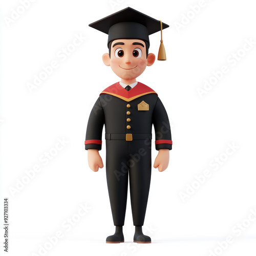 3D cartoon, a man with a graduation uniform. on a solid white background