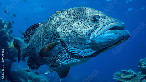 A large, majestic fish with intricate patterns on its scales, gliding through deep blue waters