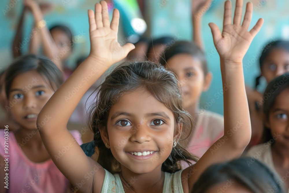 A young girl with a big smile raises her hand in a classroom full of students. A young girl with a big smile raises her hand in a classroom full of students.