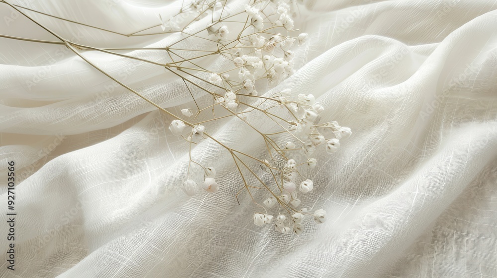 A sprig of white baby's breath flowers rests on a folded white fabric. The flowers are small and delicate, with a soft, airy texture. The fabric is smooth and slightly textured, with a faint sheen. Th A sprig of white baby's breath flowers rests on a folded white fabric. The flowers are small and delicate, with a soft, airy texture. The fabric is smooth and slightly textured, with a faint sheen. Th