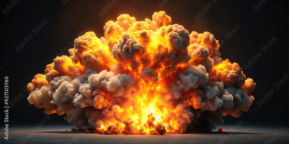 Explosion with flames and smoke on isolated background, explosion, flames, smoke, fire, danger Explosion with flames and smoke on isolated background, explosion, flames, smoke, fire, danger