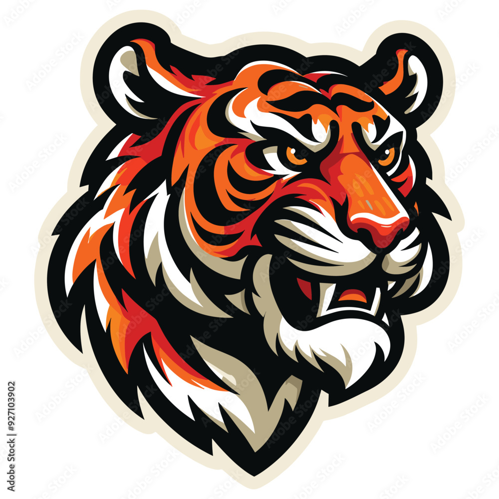 Vibrant tiger head sticker with fierce expression; bold colors, perfect for sport logos Vibrant tiger head sticker with fierce expression; bold colors, perfect for sport logos