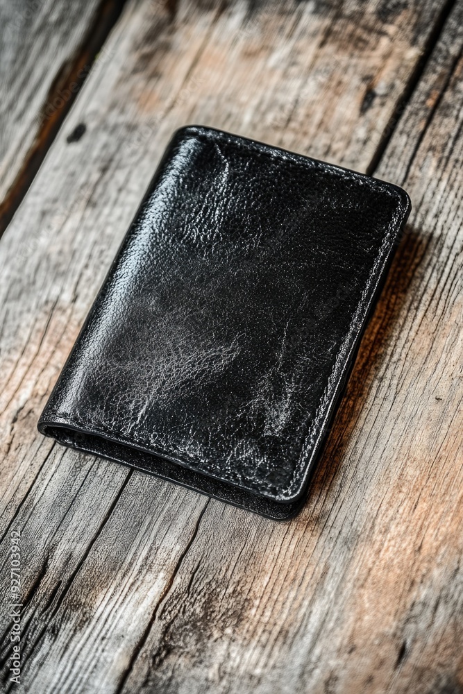 Black Leather Wallet on Wooden Table Black Leather Wallet on Wooden Table