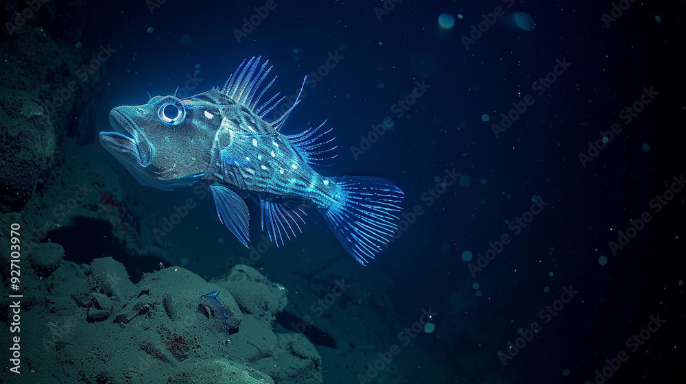 A deep-sea fish with bioluminescent features glowing in the darkness, illuminating the surrounding water A deep-sea fish with bioluminescent features glowing in the darkness, illuminating the surrounding water