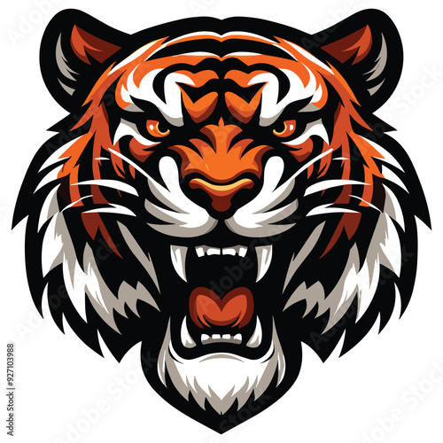 Fierce roaring tiger head artwork in orange and black against white background, logo design