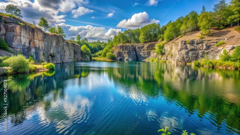 Fishing lake in disused quarry surrounded by rocky cliffs and trees, fishing, lake, quarry, nature, landscape, water Fishing lake in disused quarry surrounded by rocky cliffs and trees, fishing, lake, quarry, nature, landscape, water