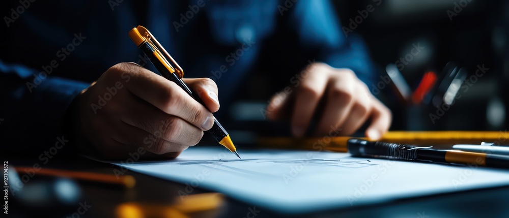 Close-up of hands writing on paper with pen in an office setting. Focus on details and precision in a professional workspace. Close-up of hands writing on paper with pen in an office setting. Focus on details and precision in a professional workspace.