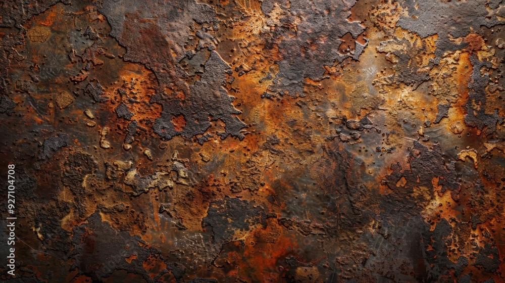 A close-up image showcasing the intricate details of rusted metal. The surface is covered in a thick layer of rust, with various shades of brown, orange, and red. The texture is rough and uneven, with A close-up image showcasing the intricate details of rusted metal. The surface is covered in a thick layer of rust, with various shades of brown, orange, and red. The texture is rough and uneven, with