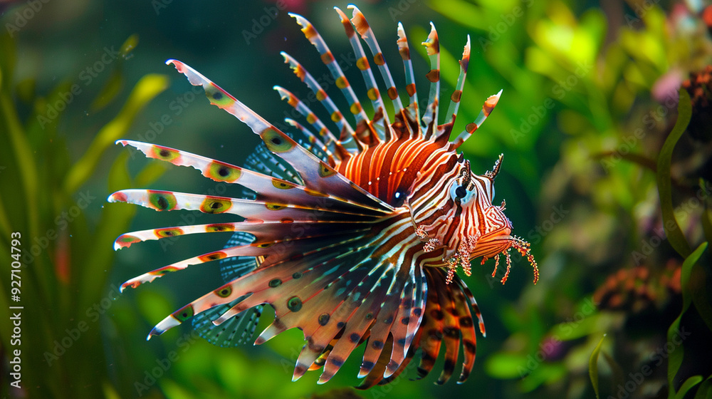A stunning lionfish with its spiky fins spread out, displaying its unique and dangerous beauty A stunning lionfish with its spiky fins spread out, displaying its unique and dangerous beauty