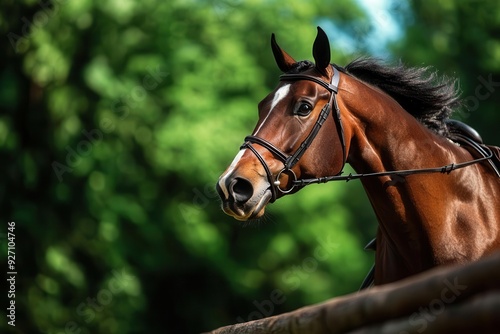 Close-up shot of a beautiful bay horse with a bridle, set against a lush green background in a natural setting.