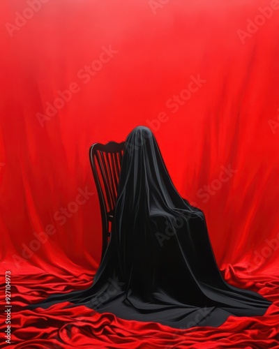 Dramatic image of a chair draped with black fabric against a vivid red background, creating an enigmatic and abstract artistic composition.