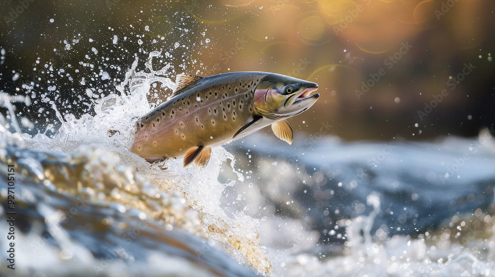 A salmon leaping out of the water as it swims upstream, surrounded by splashes and bubbles