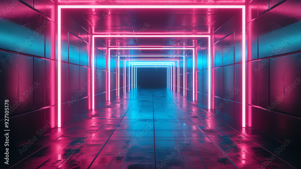 Fototapeta premium an image of a long, narrow space with pink and blue neon lights.
