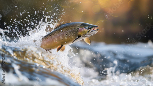 A salmon leaping out of the water as it swims upstream, surrounded by splashes and bubbles