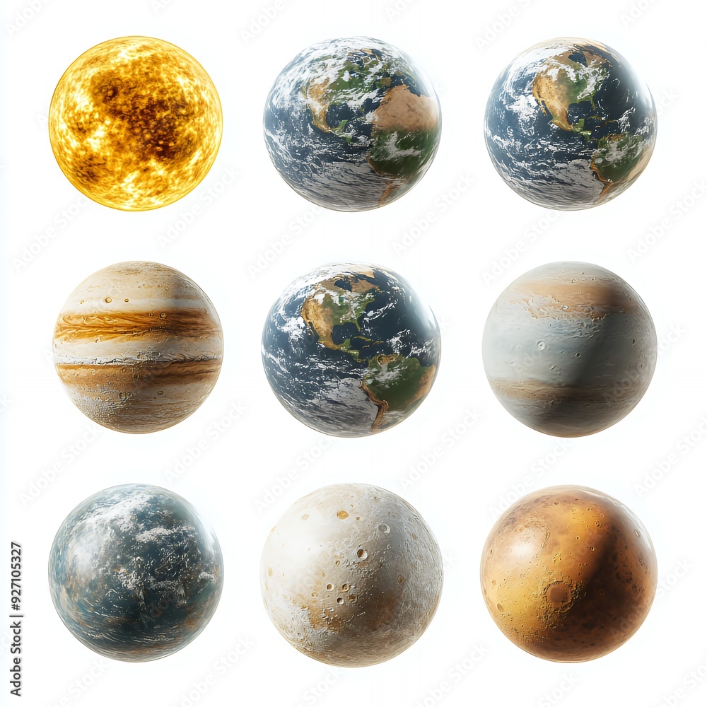 Sun, Earth, and other planets in the solar system isolated on a white background. Sun, Earth, and other planets in the solar system isolated on a white background.