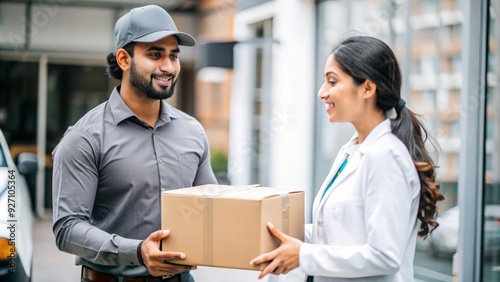 An Indian delivery agent interacting with a retail store manager, holding a delivery package and wearing a company uniform. 