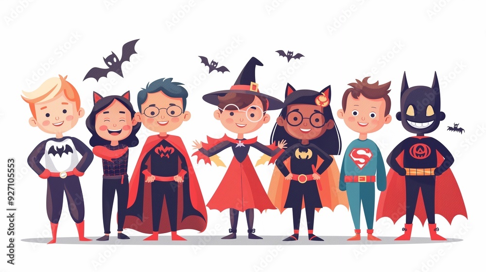 Cartoon children in halloween costumes, smiling and posing happily, embodying togetherness and creativity. A festive scene capturing the joy of childhood memories on white background Cartoon children in halloween costumes, smiling and posing happily, embodying togetherness and creativity. A festive scene capturing the joy of childhood memories on white background