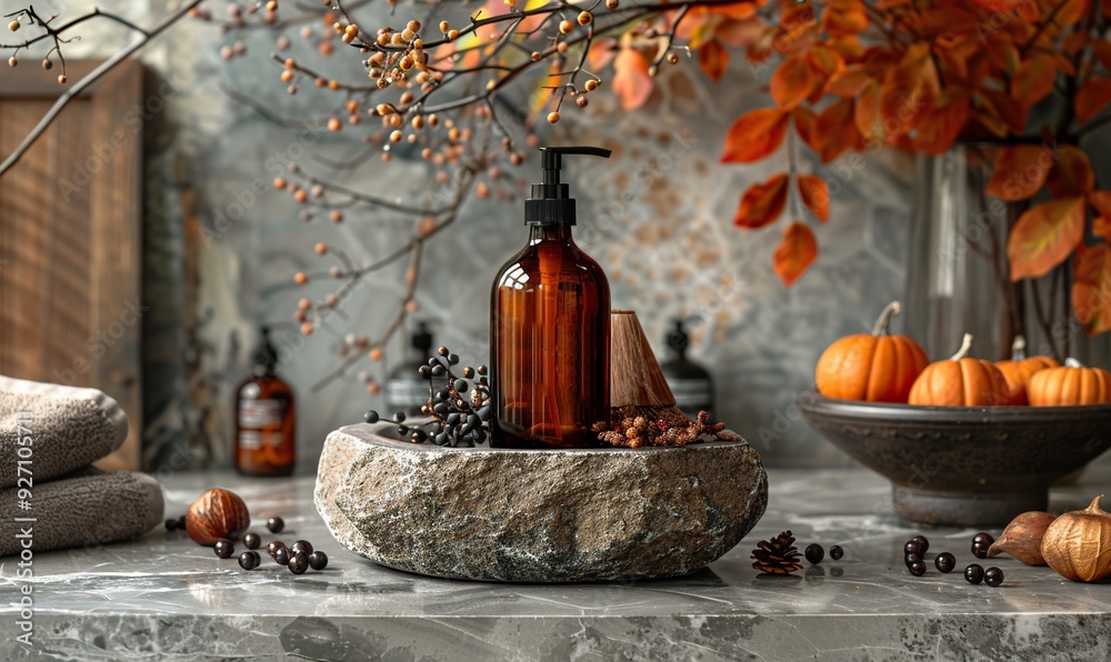 A dark amber glass pump bottle sits on a stone pedestal, showcasing its soap or gel content with a focus on natural and organic spa branding. A dark amber glass pump bottle sits on a stone pedestal, showcasing its soap or gel content with a focus on natural and organic spa branding.
