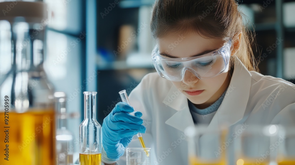 Girl doing a chemistry experiment in science class Girl doing a chemistry experiment in science class