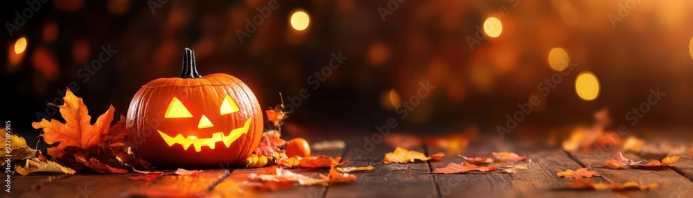 Pumpkin with a glowing face on a wooden floor surrounded by autumn leaves, perfect for Halloween and fall-themed designs.