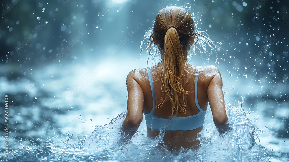 Obraz premium Woman Running Through Water with Determination