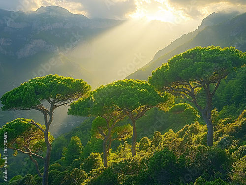 a serene sunset in a mountainous landscape, featuring tall green pines and rugged cliffs.