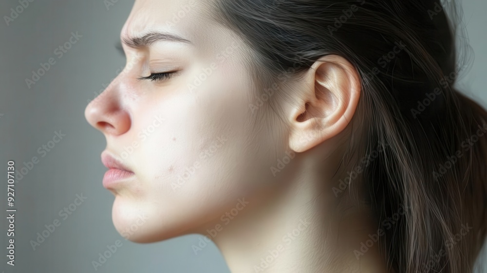 A calm profile of a woman with closed eyes, emphasizing serenity and contemplation in a soft, natural light setting. A calm profile of a woman with closed eyes, emphasizing serenity and contemplation in a soft, natural light setting.