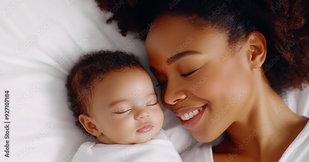 Happy African American mother with newborn baby sleeping on with bed. Motherhood, maternity, family, childcare, mother's day concept. Copy space. Top view. Happy African American mother with newborn baby sleeping on with bed. Motherhood, maternity, family, childcare, mother's day concept. Copy space. Top view.