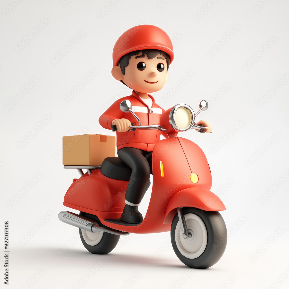 3D cartoon, a male courier with a delivery moto scooter. on a solid white background 3D cartoon, a male courier with a delivery moto scooter. on a solid white background
