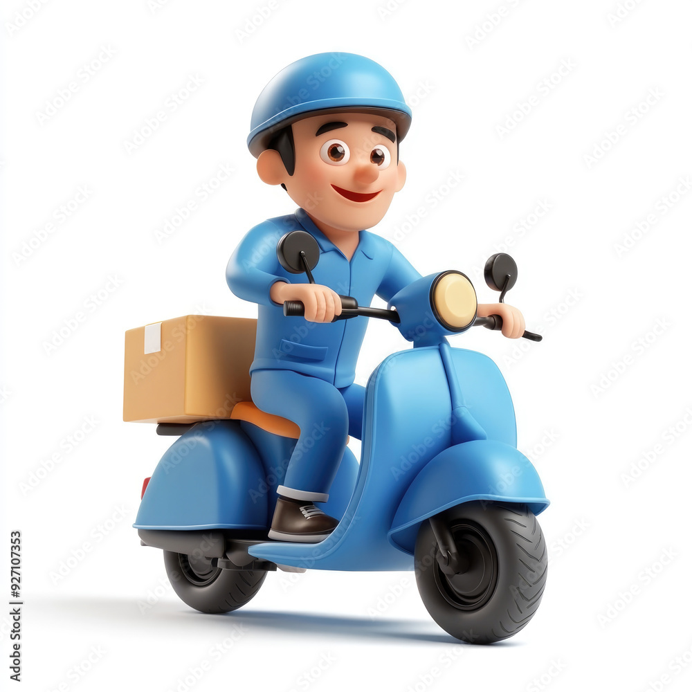 3D cartoon, a male courier with a delivery moto scooter. on a solid white background 3D cartoon, a male courier with a delivery moto scooter. on a solid white background