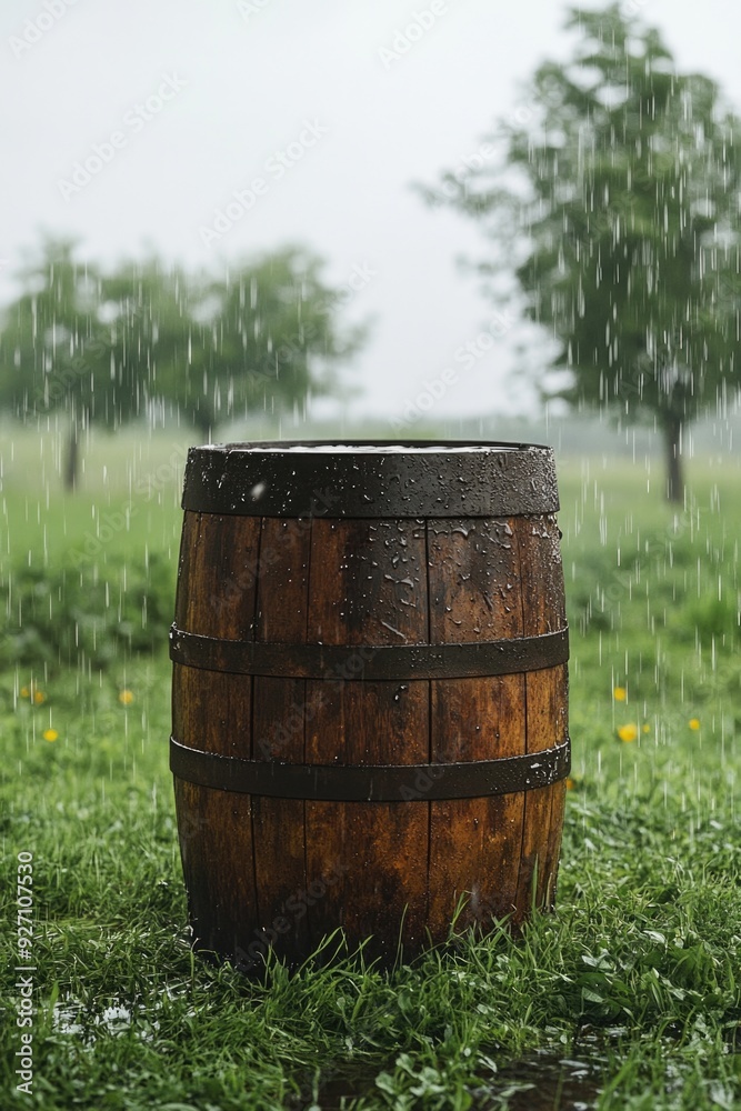 Wooden Barrel on Lush Green Field Wooden Barrel on Lush Green Field