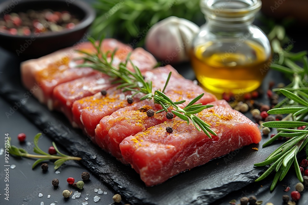 Fresh raw beef steak with herbs and spices on black stone background. Fresh raw beef steak with herbs and spices on black stone background.