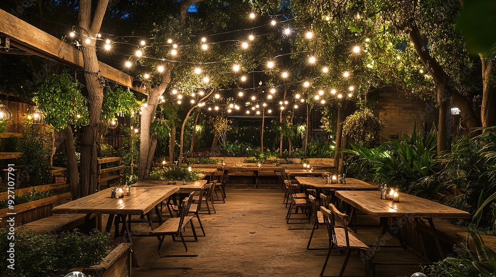 Obraz premium Illuminated by twinkling string lights, this inviting patio dining area features rustic wooden tables surrounded by lush greenery