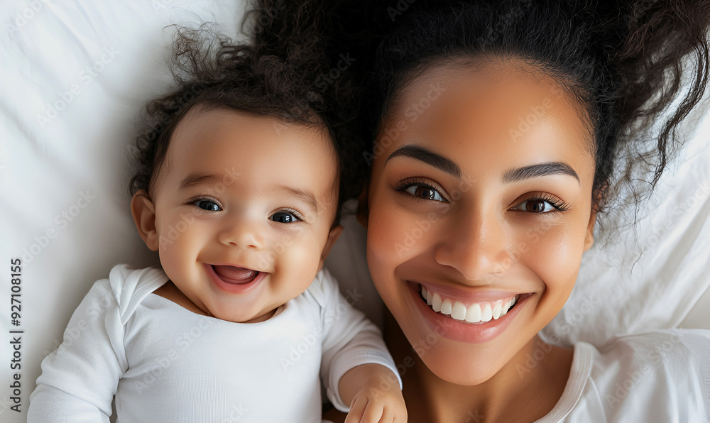 Happy smiling African mother and newborn baby lying on the white bed. Motherhood, maternity, childcare, mother's day concept. Top view. Happy smiling African mother and newborn baby lying on the white bed. Motherhood, maternity, childcare, mother's day concept. Top view.