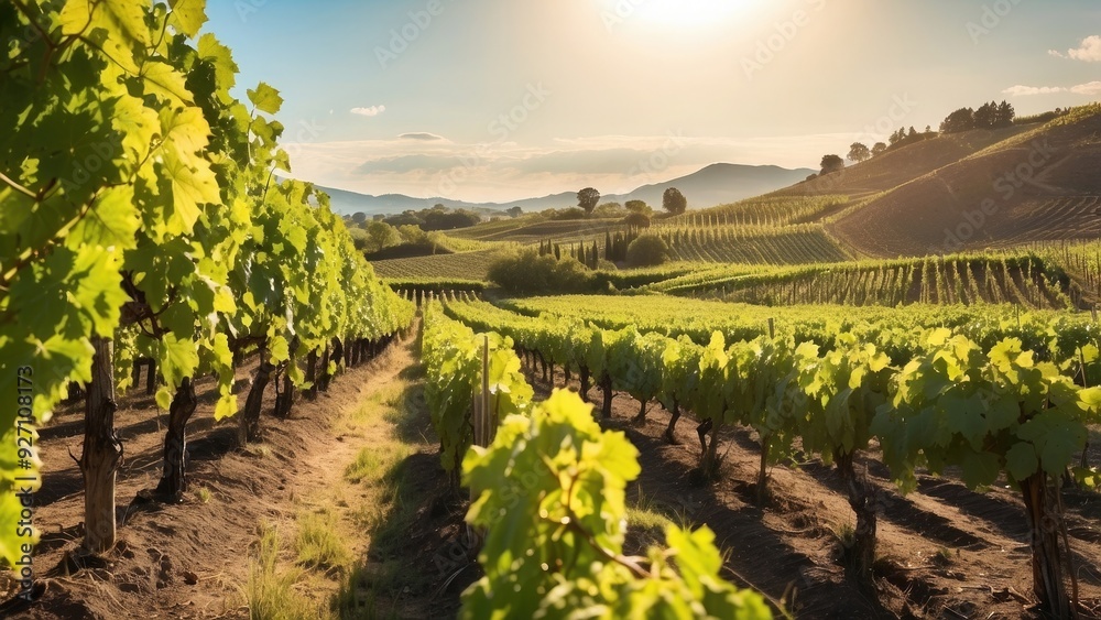 Naklejka premium Lush vineyard with rows of grapevines, warm sunlight and rich gre