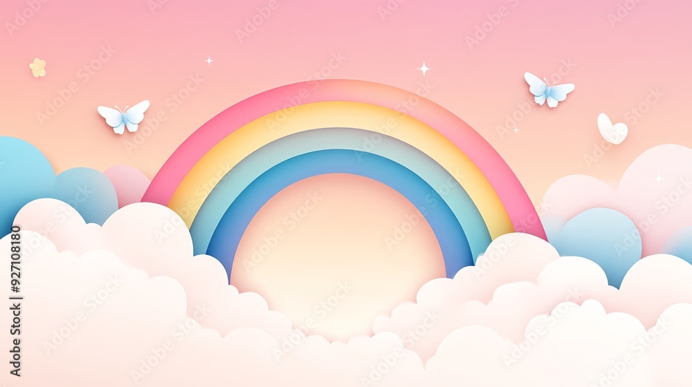 Beautiful pastel rainbow in the sky with fluffy clouds and butterflies. Dreamy, whimsical background perfect for designs and illustrations. Beautiful pastel rainbow in the sky with fluffy clouds and butterflies. Dreamy, whimsical background perfect for designs and illustrations.