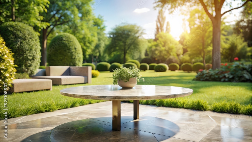 Fototapeta premium Modern neutral marble coffee table with blurred sunny garden view in the background , marble, coffee table, modern, neutral