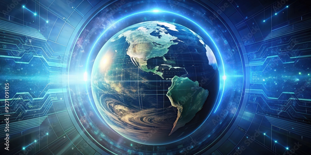 Obraz premium Futuristic rendering of Earth surrounded by advanced technology, futuristic,rendering, Earth, technology, innovation, digital