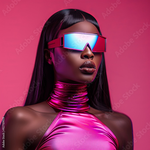 Glamorous Black woman with futuristic sunglasses in vibrant pink tones