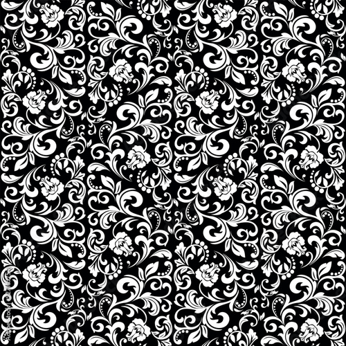 Floral pattern. Vintage wallpaper in the Baroque style. Seamless vector background. White and black ornament for fabric, wallpaper, packaging. Ornate Damask flower ornament.