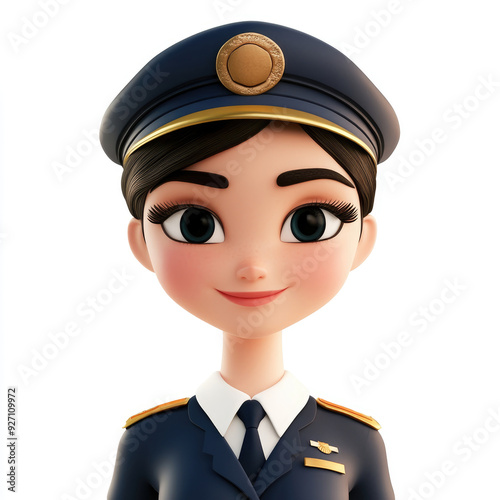 3D cartoon, a Cheerful stewardess. on a solid white background