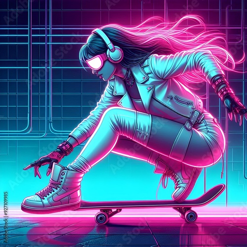 Futuristic Neon Skater Girl in Cyberpunk Setting
